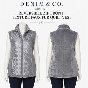 Denim & Co Womens 3X Gray Reversible Zip Front Quilted Faux Fur Texture Vest